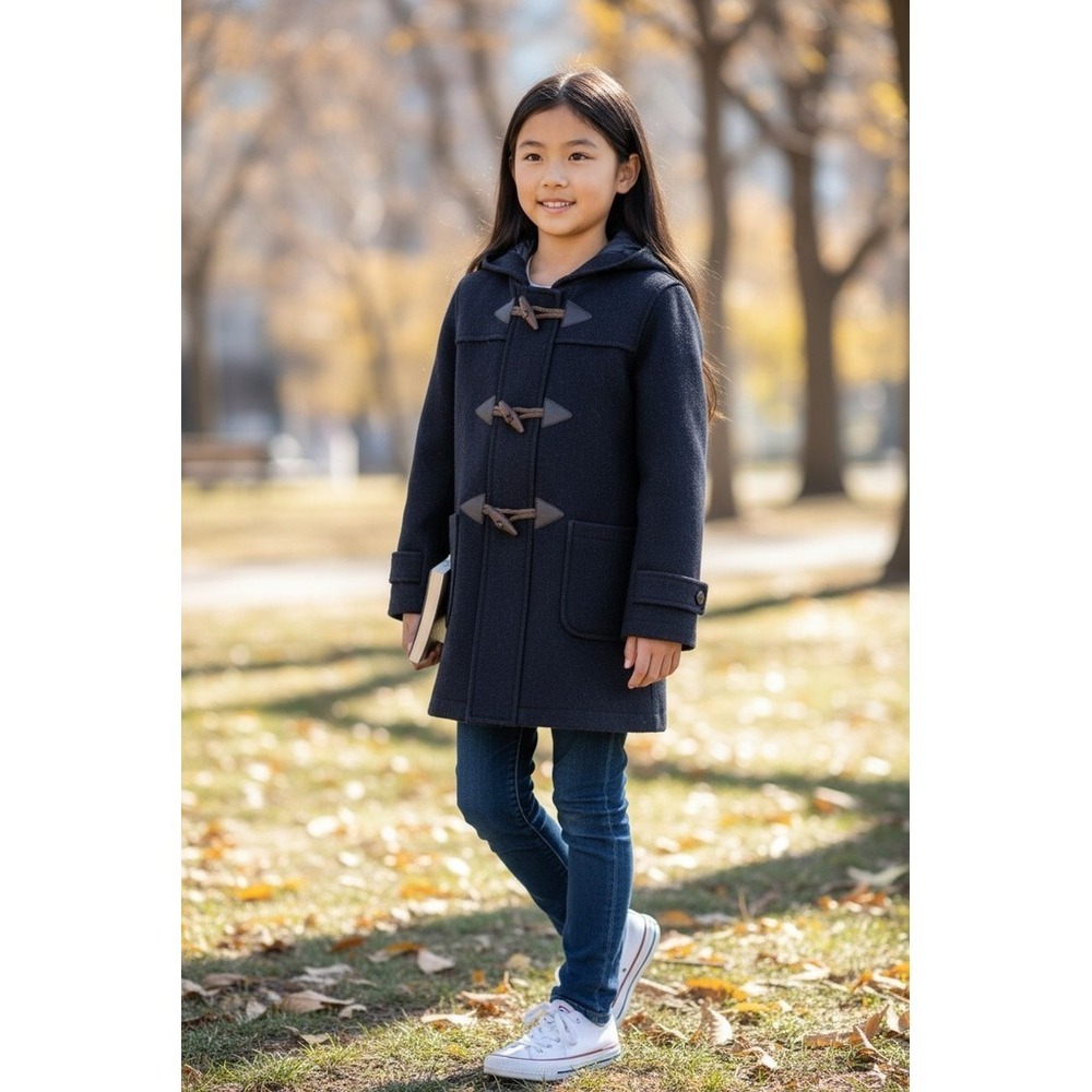 Talbots Kids Duffle Coat Girls Size 10/12 Navy Blue Hooded Toggle Closure wool